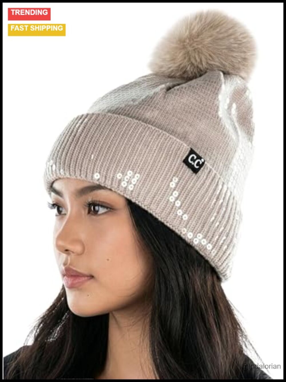 Sequin Pom Beanie Soft Knit Sparkly Winter Hat Faux Fur Pom